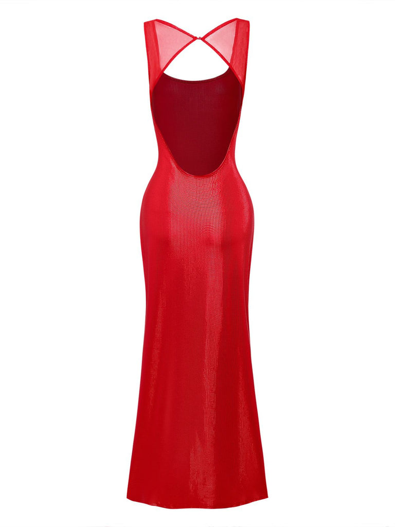 1980s Solid Sequined Mesh Buckle Square Neck Dress - vintage dress, retro fashion