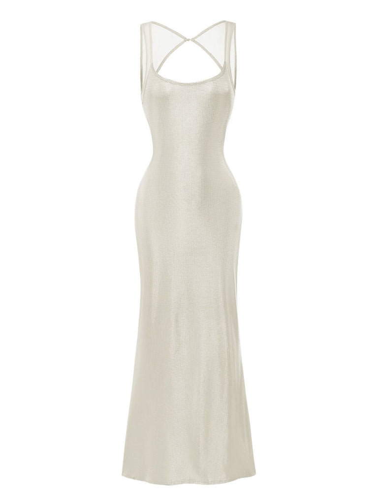 1980s Solid Sequined Mesh Buckle Square Neck Dress - vintage dress, retro fashion