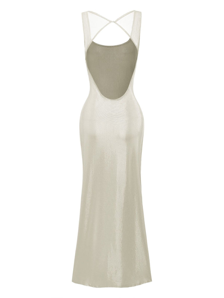 1980s Solid Sequined Mesh Buckle Square Neck Dress - vintage dress, retro fashion