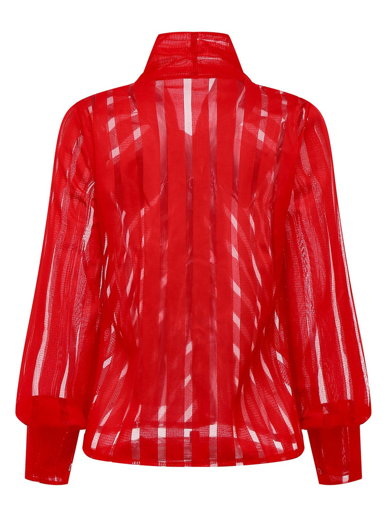 1980s Solid Sheer Mesh Striped Bow Tie Blouse - vintage fashion, retro style