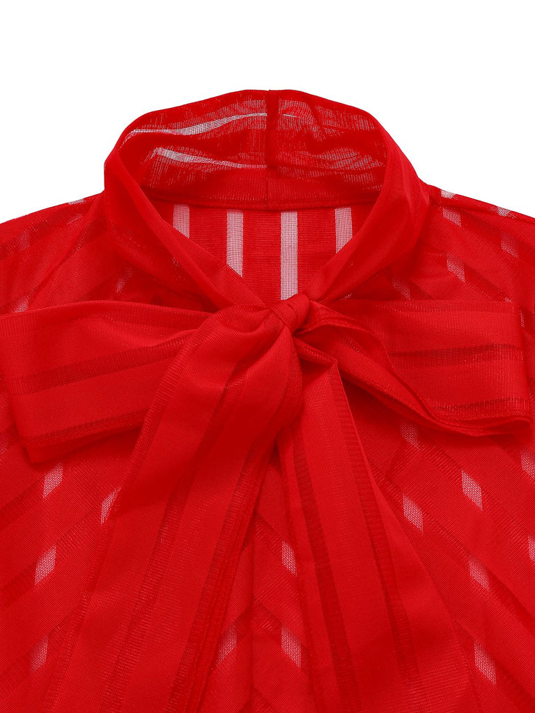 1980s Solid Sheer Mesh Striped Bow Tie Blouse - vintage fashion, retro style