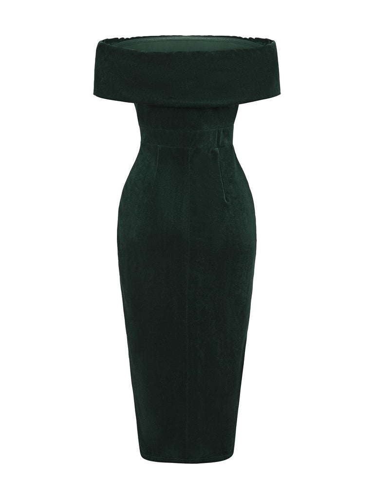 1980s Solid Velvet Off-Shoulder Midi Dress - vintage dress, retro fashion