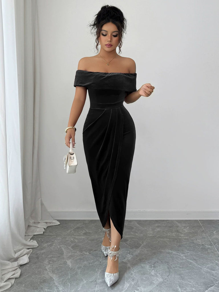 1980s Solid Velvet Off-Shoulder Midi Dress - vintage dress, retro fashion