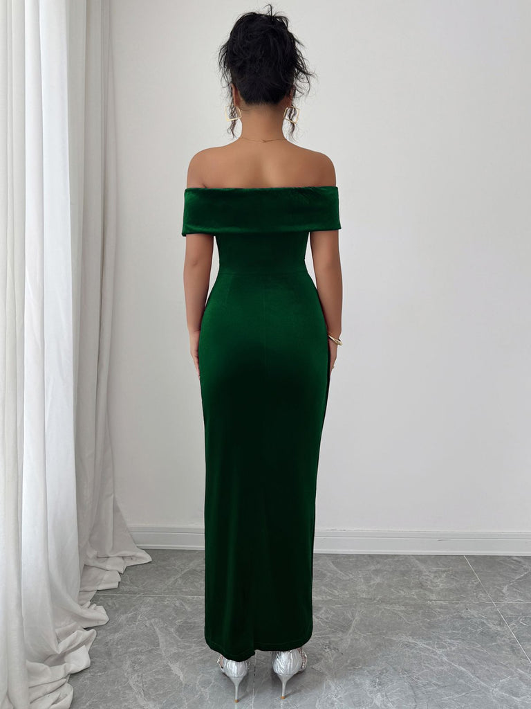 1980s Solid Velvet Off-Shoulder Midi Dress - vintage dress, retro fashion