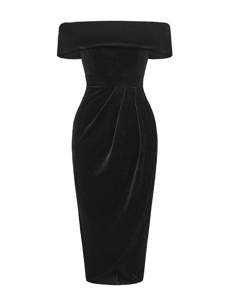 1980s Solid Velvet Off-Shoulder Midi Dress - vintage dress, retro fashion