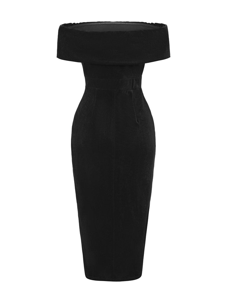 1980s Solid Velvet Off-Shoulder Midi Dress - vintage dress, retro fashion