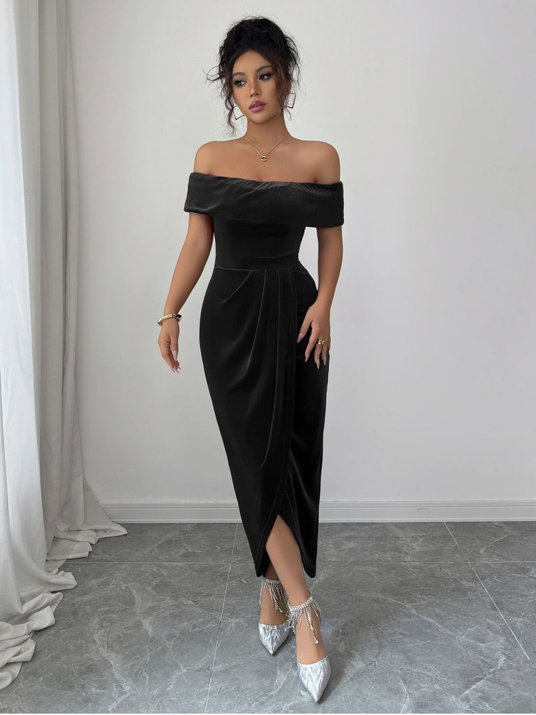 1980s Solid Velvet Off-Shoulder Midi Dress - vintage dress, retro fashion