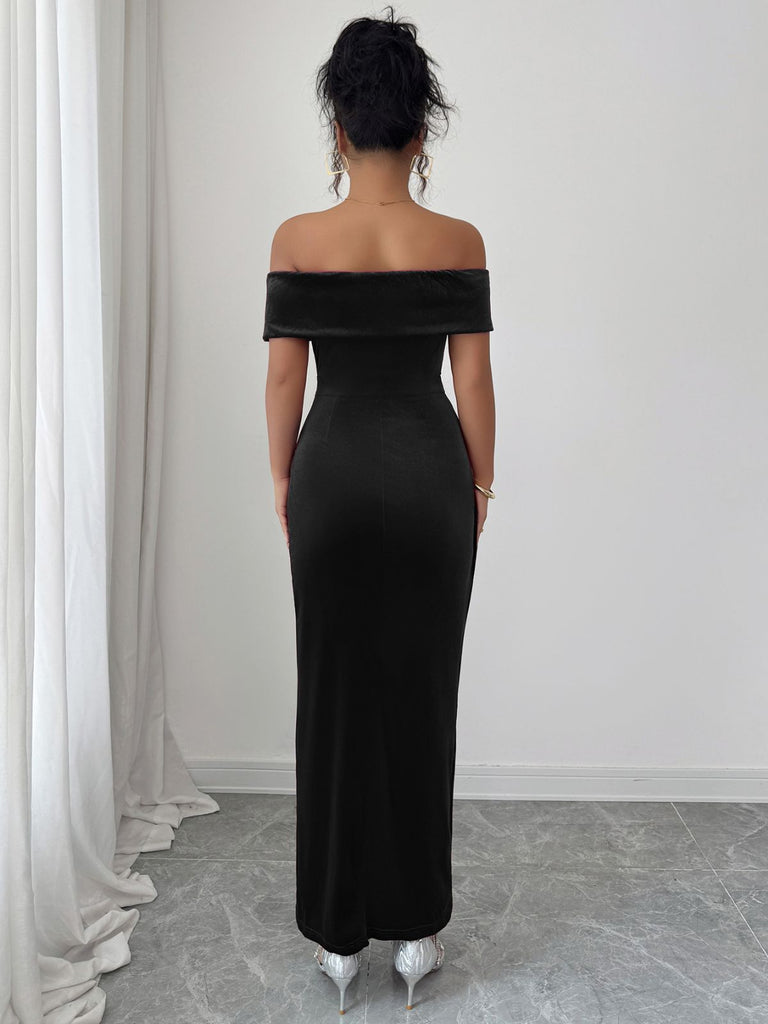 1980s Solid Velvet Off-Shoulder Midi Dress - vintage dress, retro fashion
