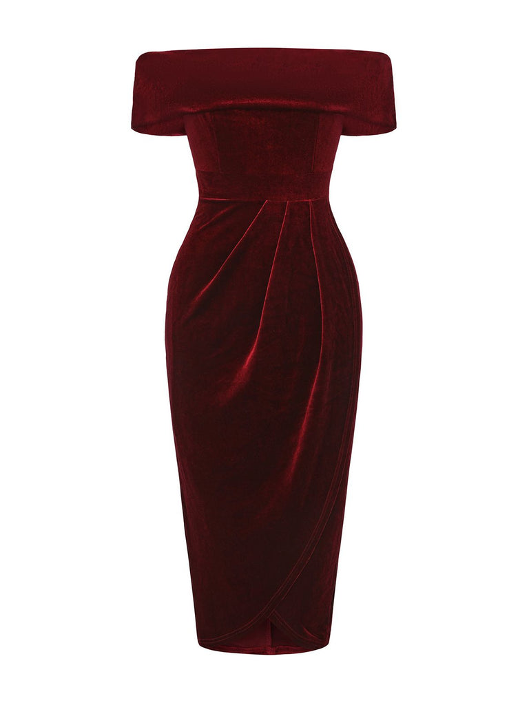 1980s Solid Velvet Off-Shoulder Midi Dress - vintage dress, retro fashion