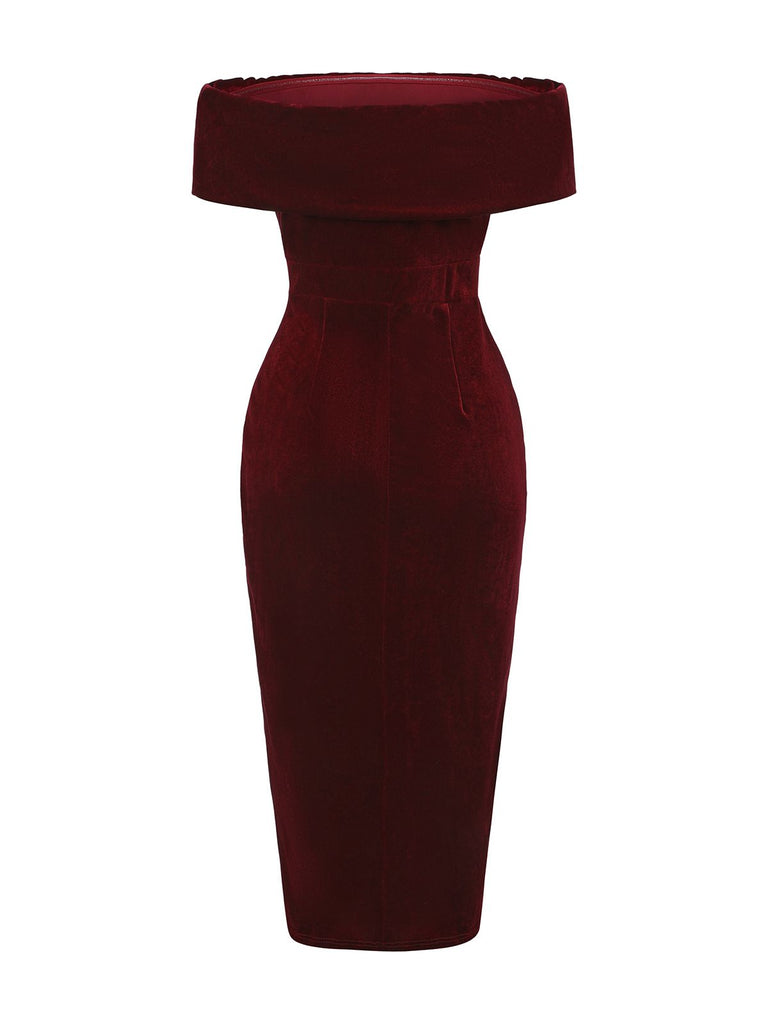 1980s Solid Velvet Off-Shoulder Midi Dress - vintage dress, retro fashion