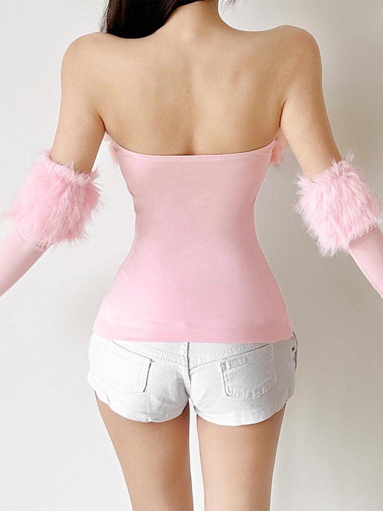 1980s Strapless Plush Fitted Top With Long Gloves - vintage fashion, retro style