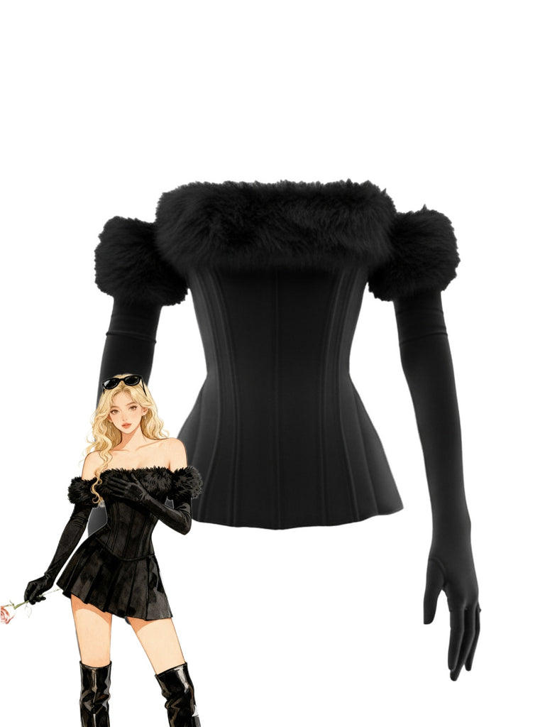 1980s Strapless Plush Fitted Top With Long Gloves - vintage fashion, retro style