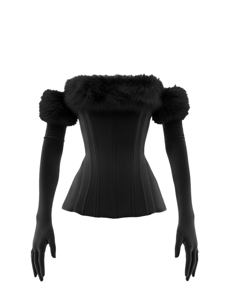 1980s Strapless Plush Fitted Top With Long Gloves - vintage fashion, retro style