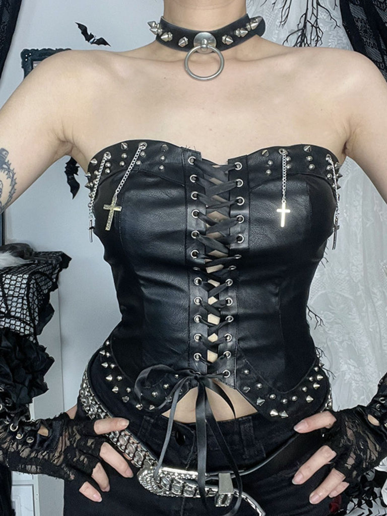 1980s Strapless Punk Leather Lace-Up Studded Top - vintage fashion, retro style