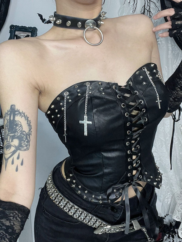 1980s Strapless Punk Leather Lace-Up Studded Top - vintage fashion, retro style