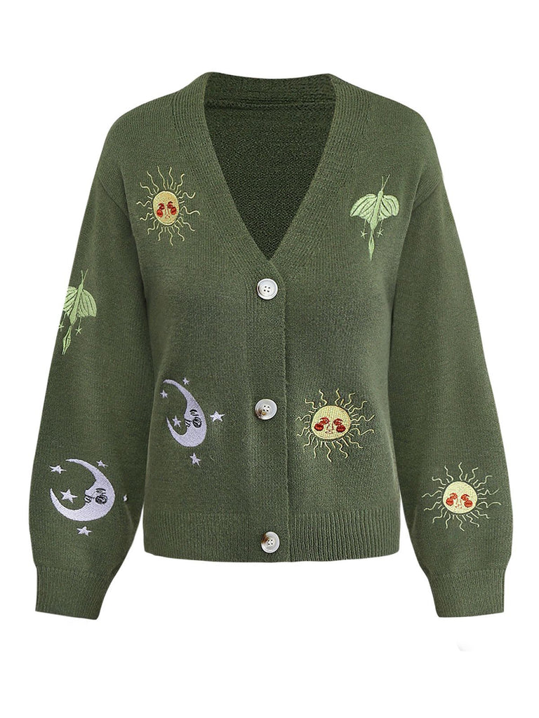 1980s Sun Moon Embroidered Lantern Sleeve Knitted Cardigan - vintage fashion, retro style, elegant red