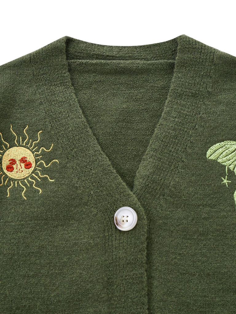 1980s Sun Moon Embroidered Lantern Sleeve Knitted Cardigan - vintage fashion, retro style, elegant red