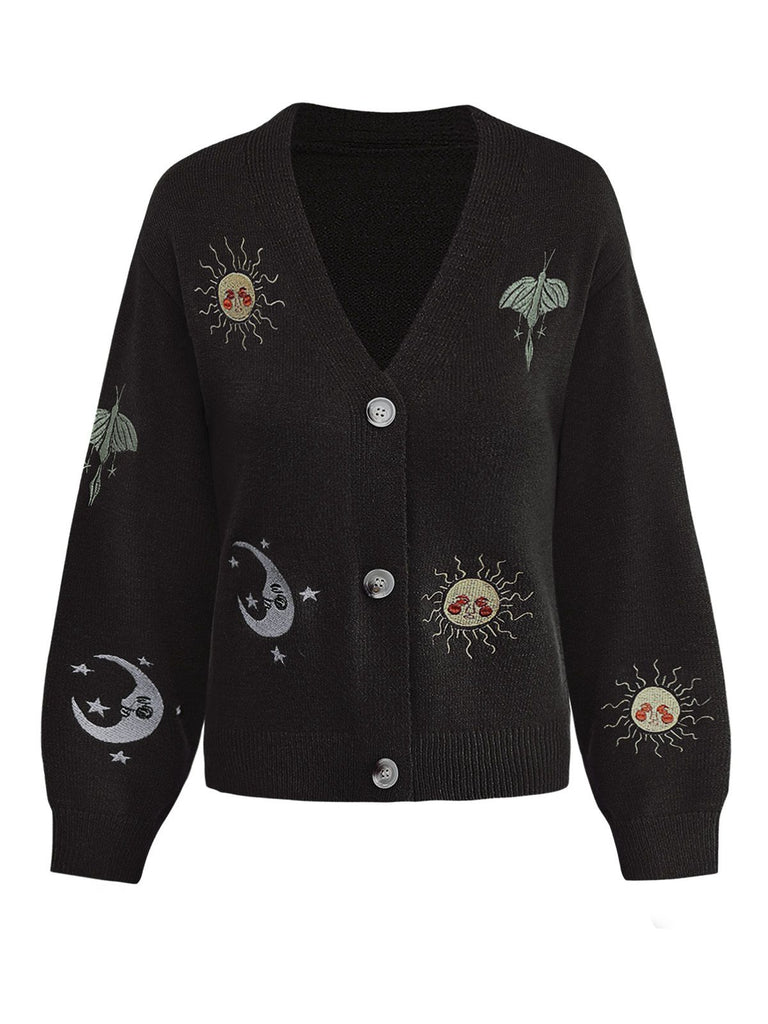 1980s Sun Moon Embroidered Lantern Sleeve Knitted Cardigan - vintage fashion, retro style, elegant red