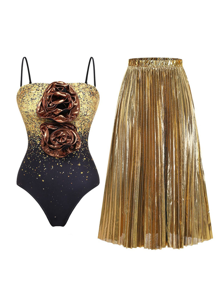 2PCS Gold 1980s Sequined 3D Floral Swimsuit & Cover-Up - vintage swimsuit, pin-up style, glamorous gold