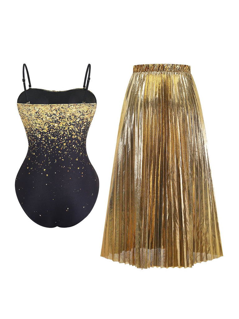 2PCS Gold 1980s Sequined 3D Floral Swimsuit & Cover-Up - vintage swimsuit, pin-up style, glamorous gold