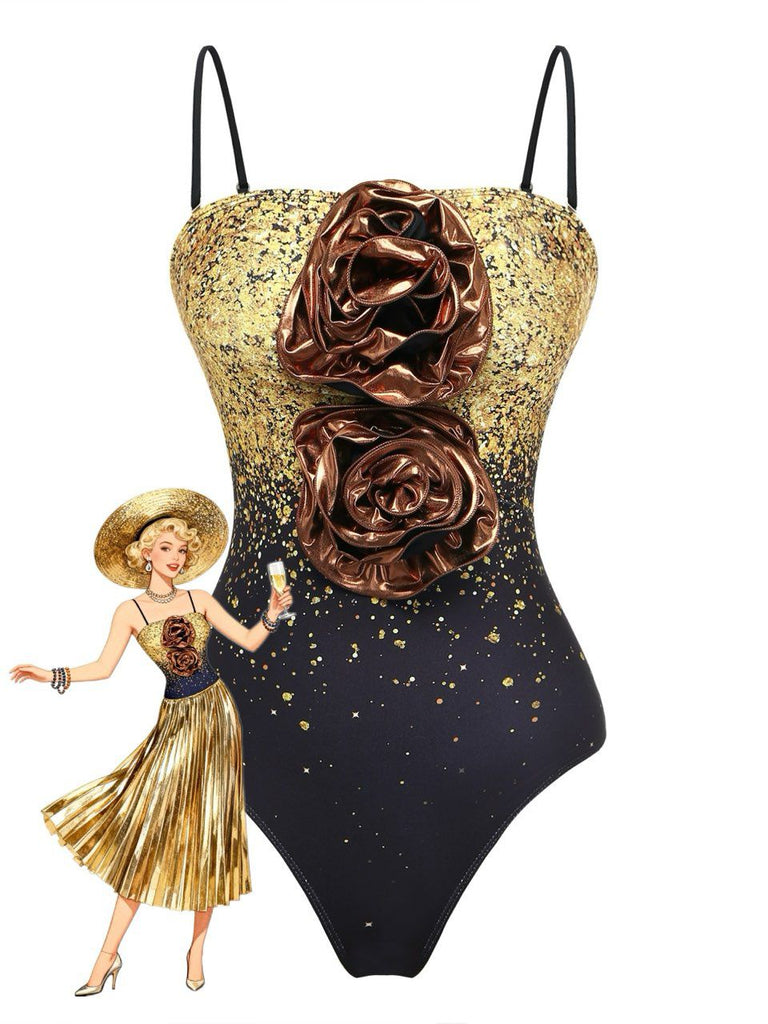 2PCS Gold 1980s Sequined 3D Floral Swimsuit & Cover-Up - vintage swimsuit, pin-up style, glamorous gold