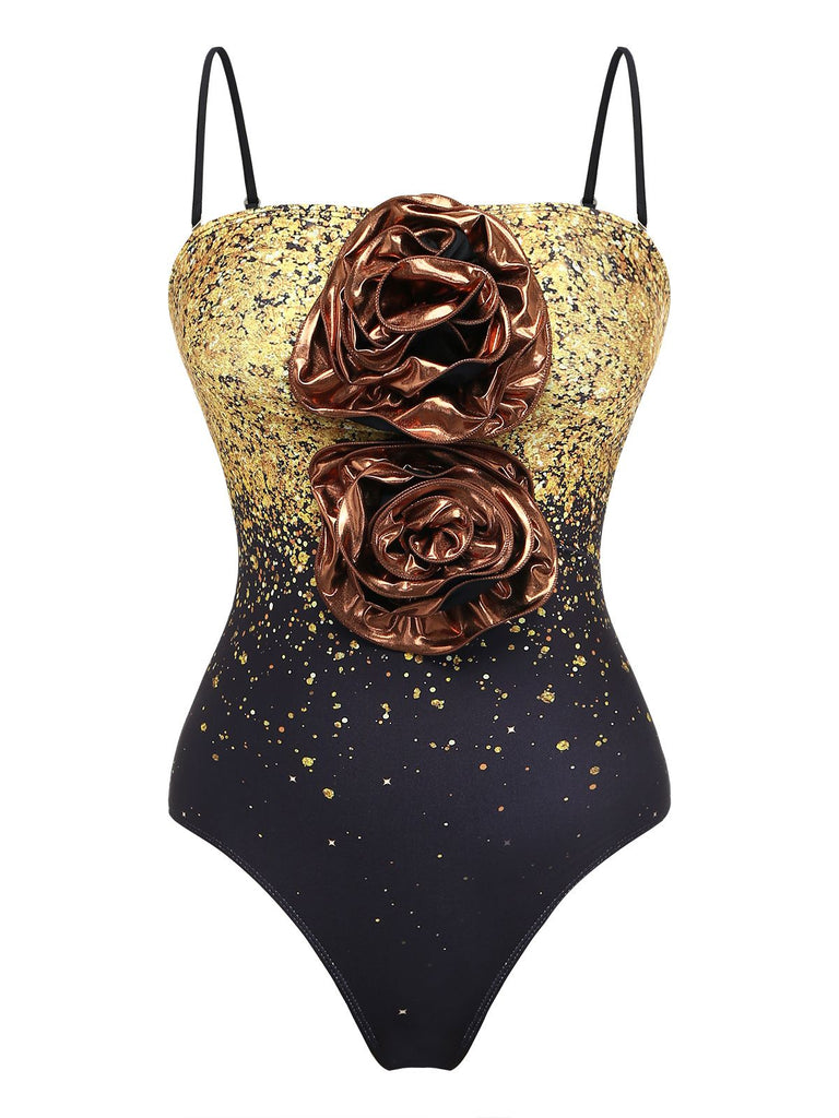 2PCS Gold 1980s Sequined 3D Floral Swimsuit & Cover-Up - vintage swimsuit, pin-up style, glamorous gold