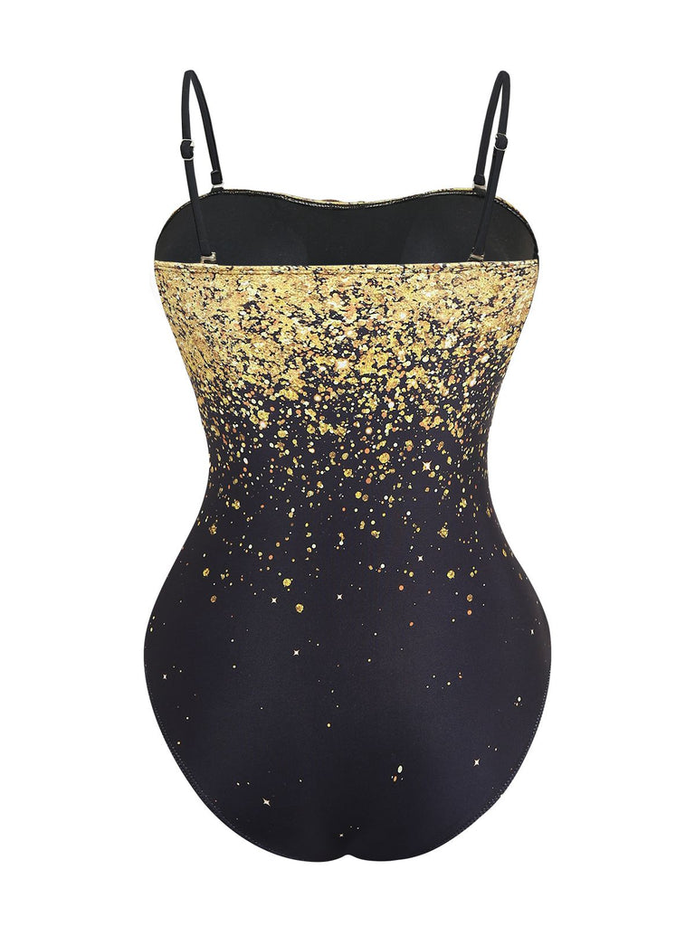 2PCS Gold 1980s Sequined 3D Floral Swimsuit & Cover-Up - vintage swimsuit, pin-up style, glamorous gold
