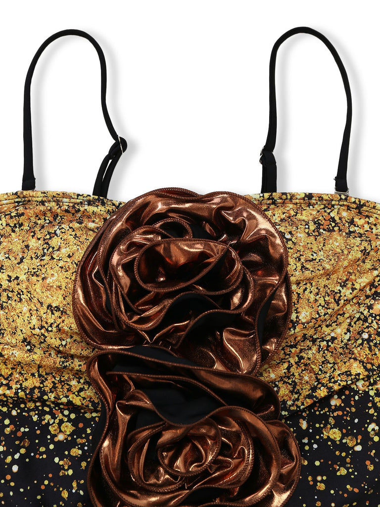 2PCS Gold 1980s Sequined 3D Floral Swimsuit & Cover-Up - vintage swimsuit, pin-up style, glamorous gold