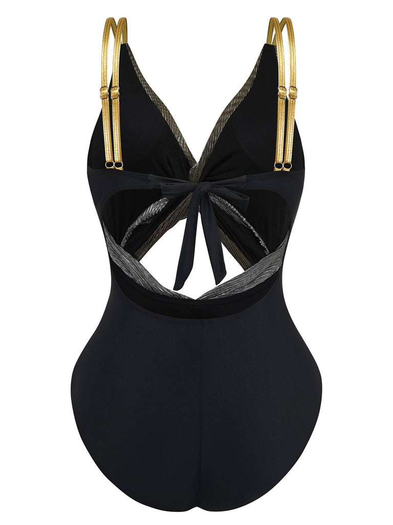 2PCS Metallic 1980s Pleated Cut-Out Swimsuit & Cover-Up - vintage swimsuit, pin-up style