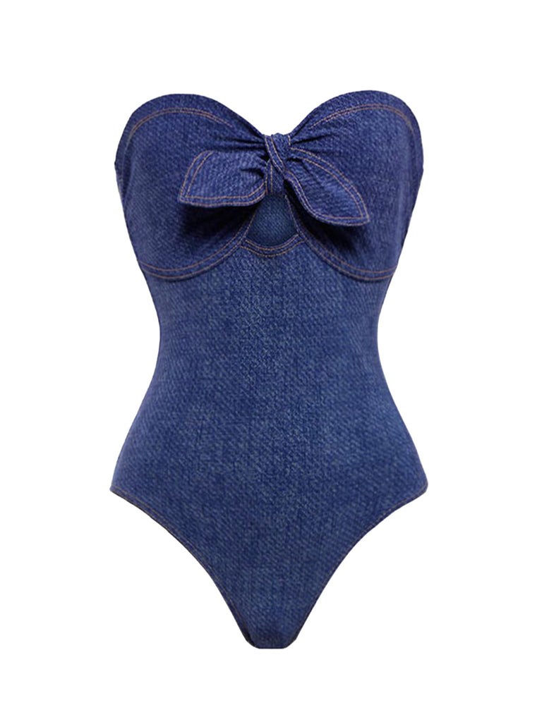 2PCS 1980s Strapless Denim Bow Swimsuit & Striped Cover-Up - vintage swimsuit, pin-up style