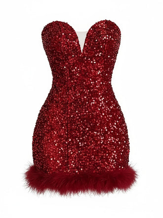 Wine Red 1980s Strapless Sequin Feather Trim Mini Dress