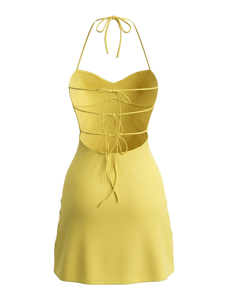 Yellow 2000s Spaghetti Strap Slim Bodycon Midi Dress - vintage dress, retro fashion