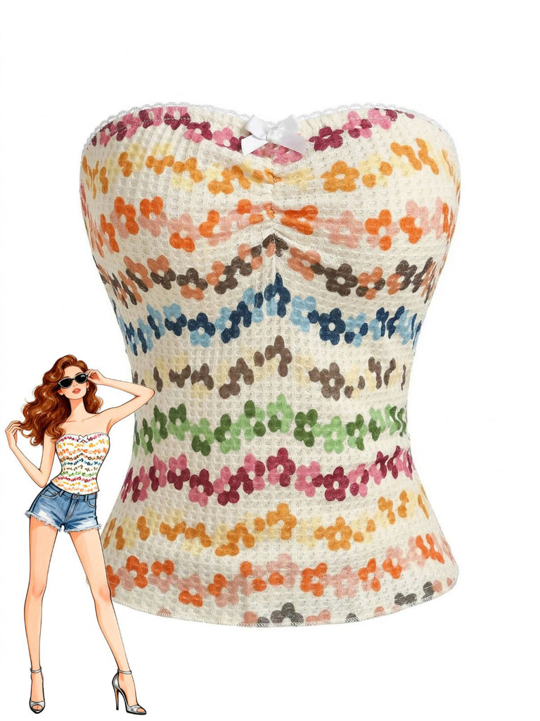 2000s Gradient Floral Bandeau Bow Top, vintage top, retro blouse - perfect for women who love vintage and retro fashion