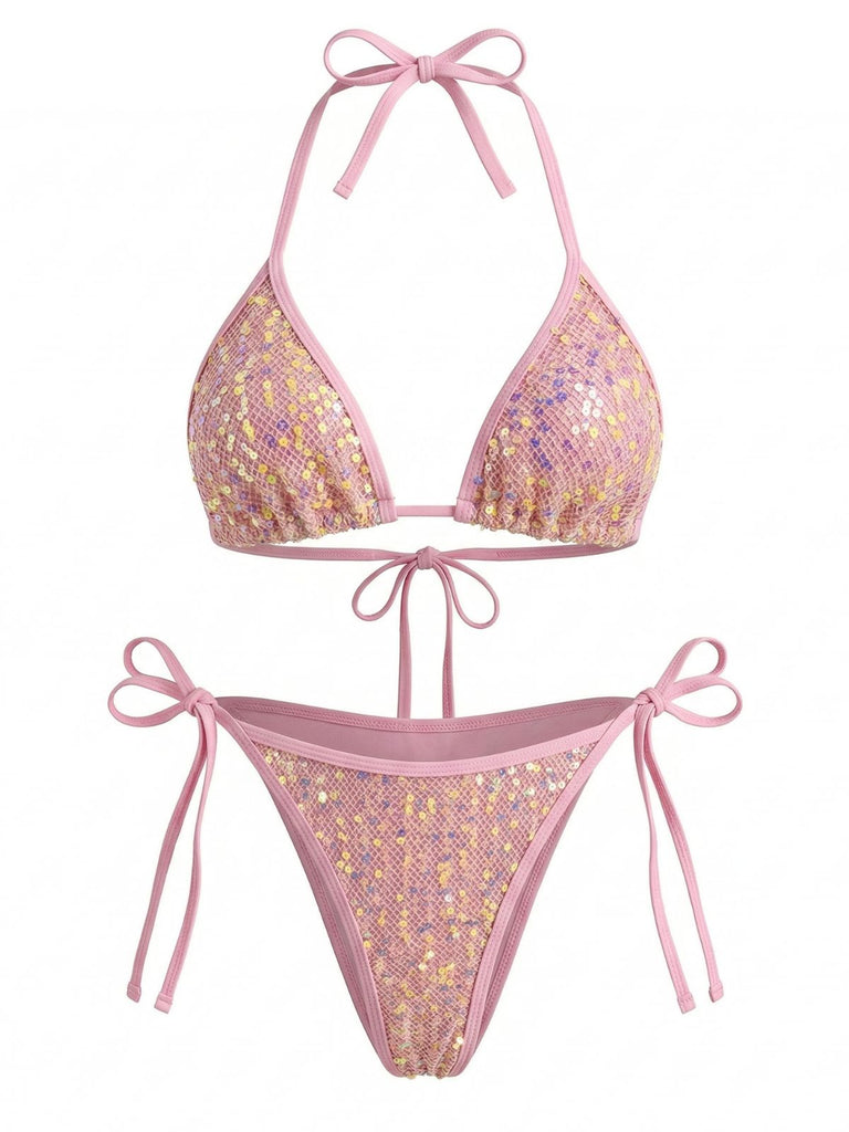 2000s Y2K Sequin Tie-Halter Triangle Bikini Set: beautiful vintage swimwear, retro swimsuit, pin-up style with timeless appeal