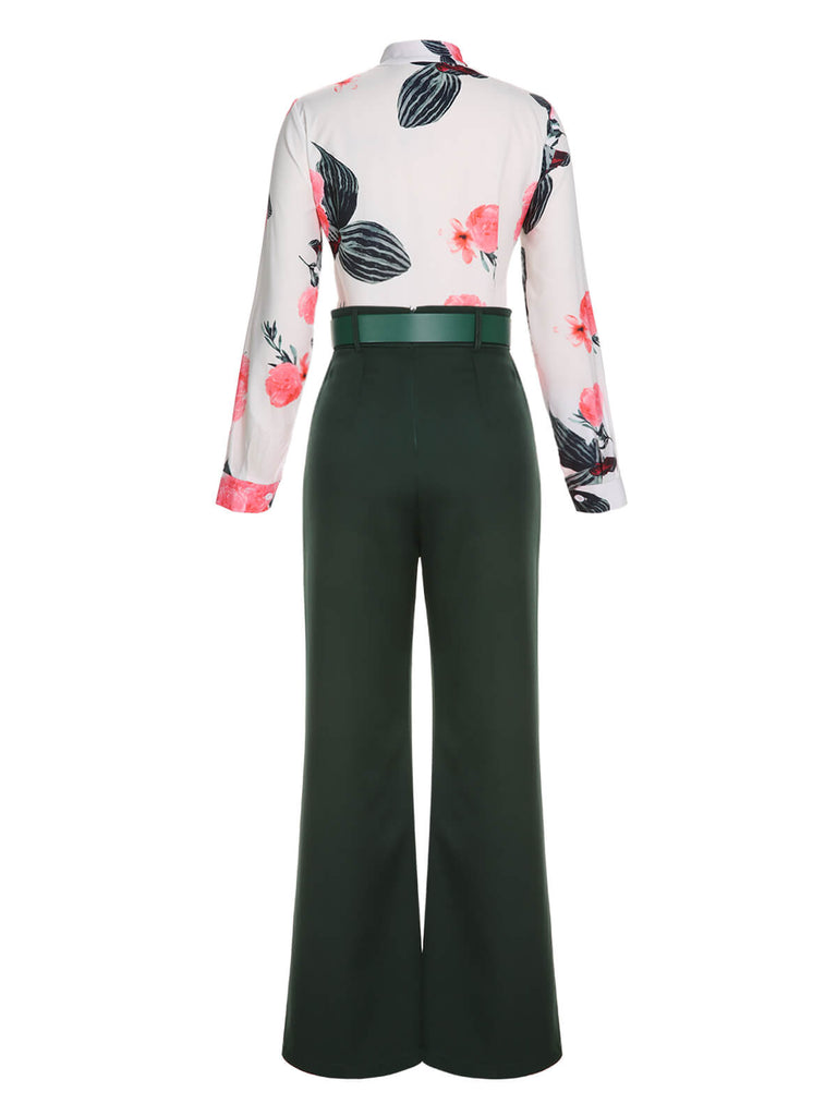 2PCS 1930s Floral Blouse & Green Wideleg Pants — vintage elegance for the modern woman
