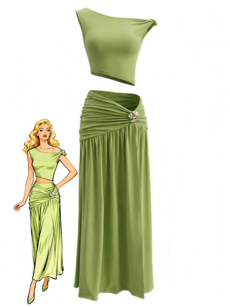 2PCS 1930s Off-Shoulder Top & Slit Ruched Maxi Skirt - vintage skirt, retro style