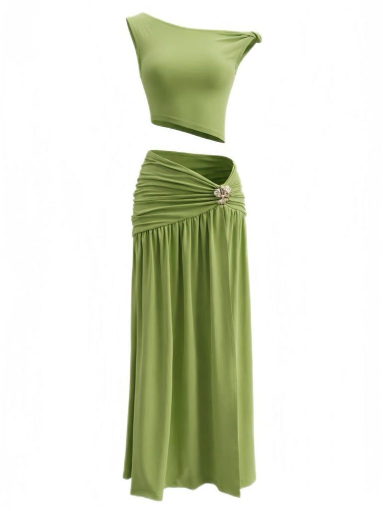 2PCS 1930s Off-Shoulder Top & Slit Ruched Maxi Skirt - vintage skirt, retro style