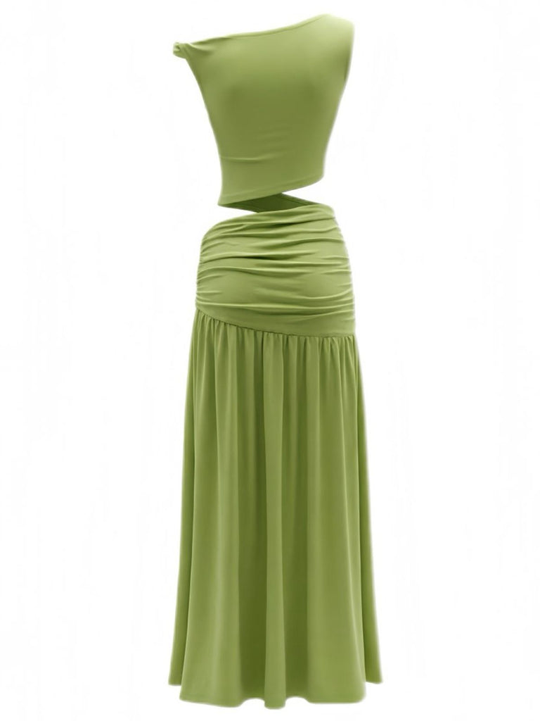 2PCS 1930s Off-Shoulder Top & Slit Ruched Maxi Skirt - vintage skirt, retro style