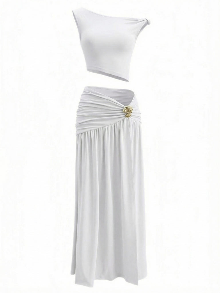 2PCS 1930s Off-Shoulder Top & Slit Ruched Maxi Skirt - vintage skirt, retro style