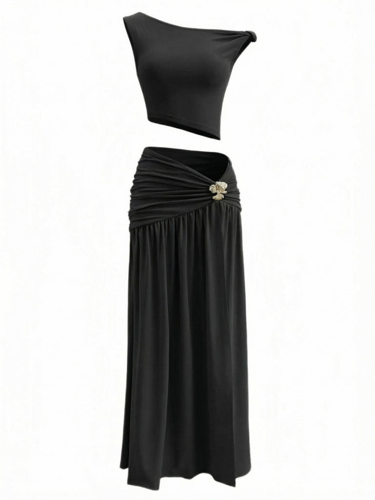 2PCS 1930s Off-Shoulder Top & Slit Ruched Maxi Skirt - vintage skirt, retro style