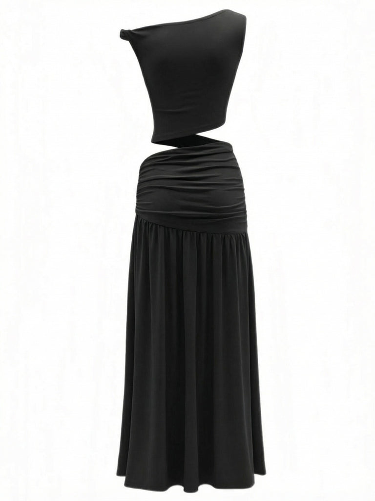 2PCS 1930s Off-Shoulder Top & Slit Ruched Maxi Skirt - vintage skirt, retro style