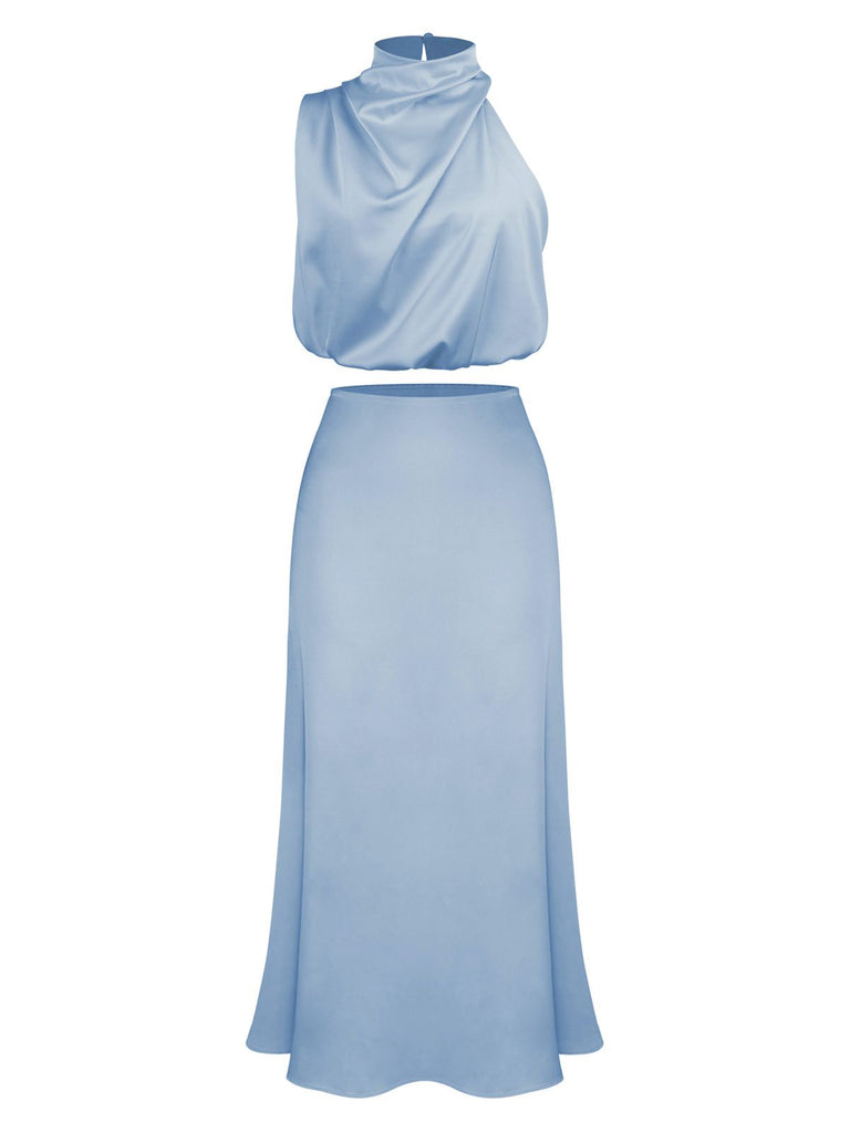 2PCS 1930s Solid Satin Mock Collar Top & Fishtail Skirt: a 1930s classic that whispers rather than shouts