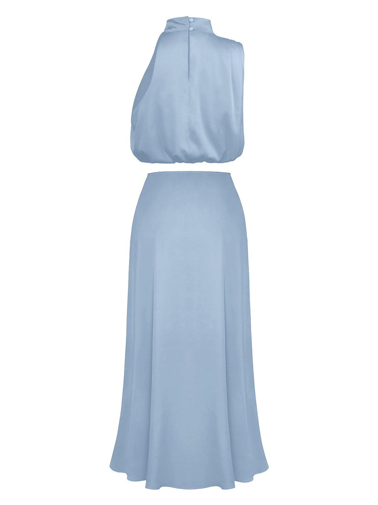 This 2PCS 1930s Solid Satin Mock Collar Top & Fishtail Skirt brings 1930s soul to her everyday