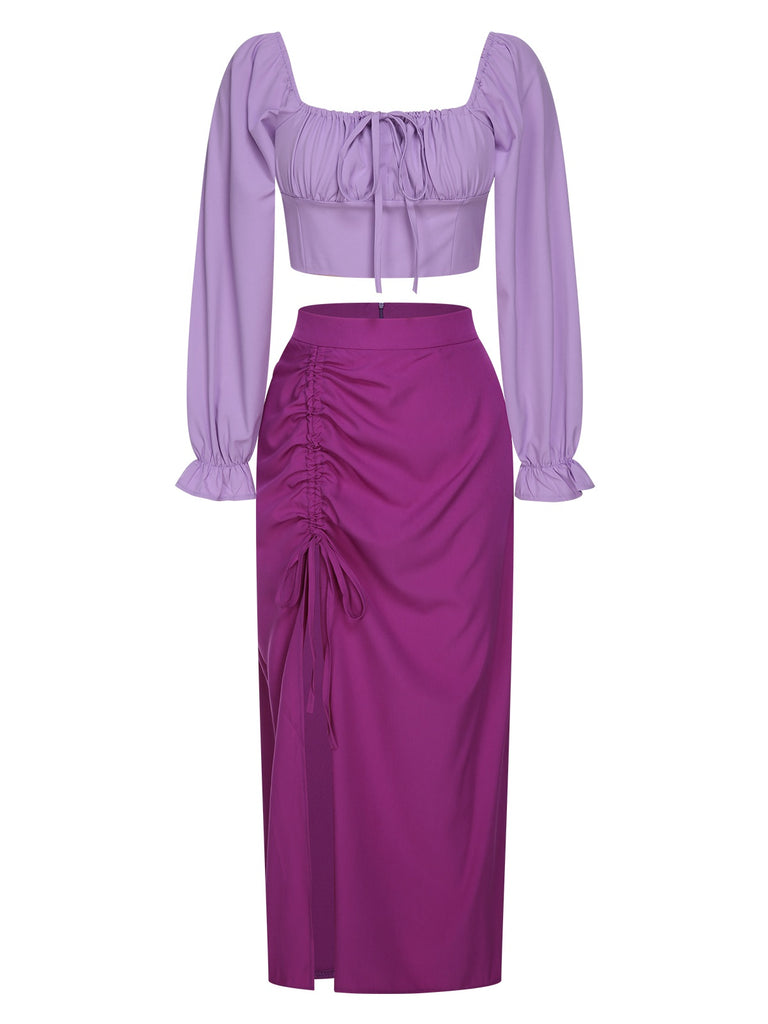 2PCS 1930s Square Neck Trumpet Sleeve Top & Pleated Skirt, vintage skirt, retro style - perfect for women who love vintage and retro fashion
