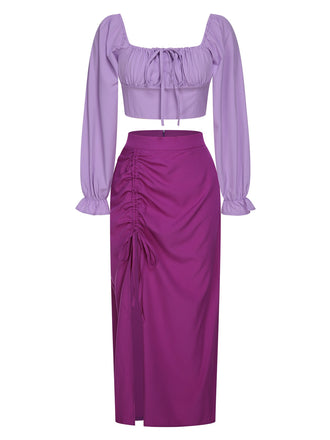 2PCS 1930s Square Neck Trumpet Sleeve Top & Pleated Skirt, vintage skirt, retro style - perfect for women who love vintage and retro fashion
