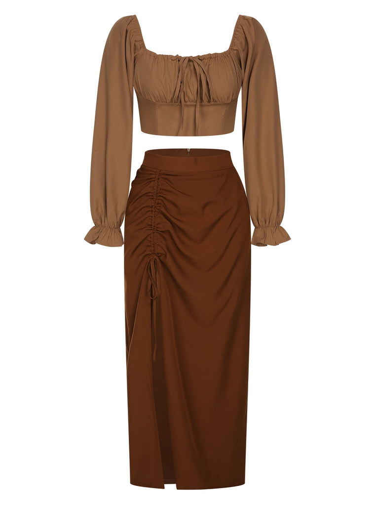 2PCS 1930s Square Neck Trumpet Sleeve Top & Pleated Skirt, vintage skirt, retro style - perfect for women who love vintage and retro fashion