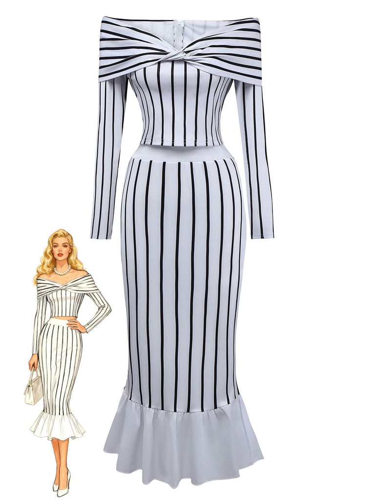 2PCS 1930s Striped Off-Shoulder Top & Fishtail Skirt - vintage skirt, retro style