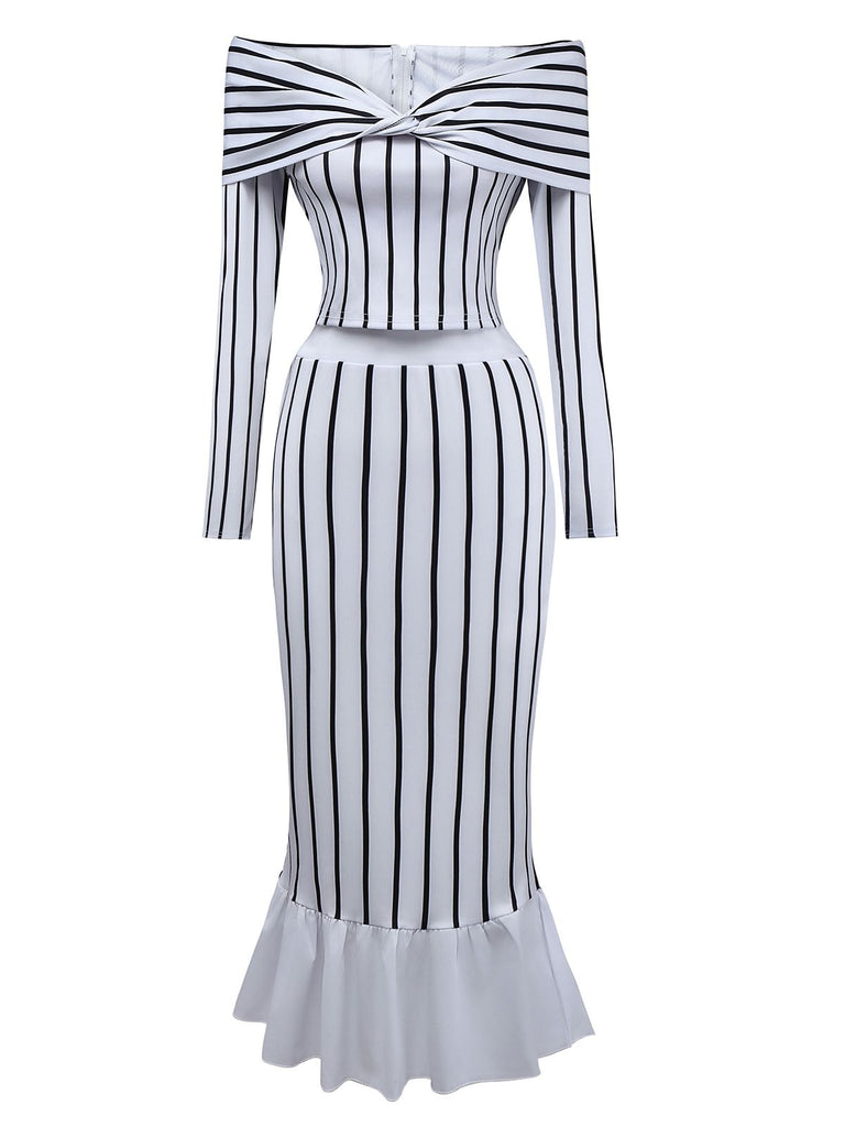 2PCS 1930s Striped Off-Shoulder Top & Fishtail Skirt - vintage skirt, retro style