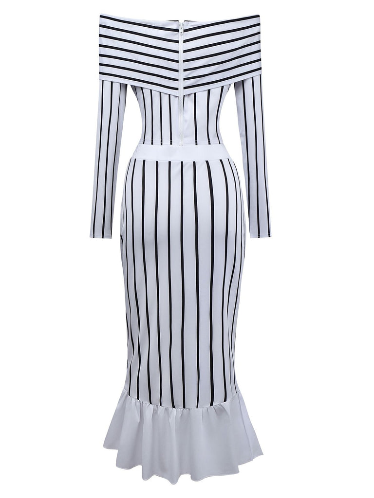2PCS 1930s Striped Off-Shoulder Top & Fishtail Skirt - vintage skirt, retro style