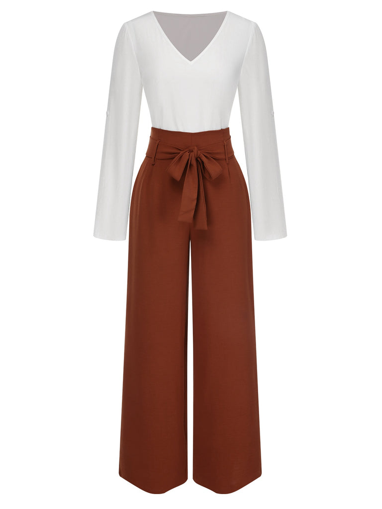 2PCS 1930s V-Neck Top & Wide Leg Lounge Pants, vintage top, retro blouse - perfect for women who love vintage and retro fashion